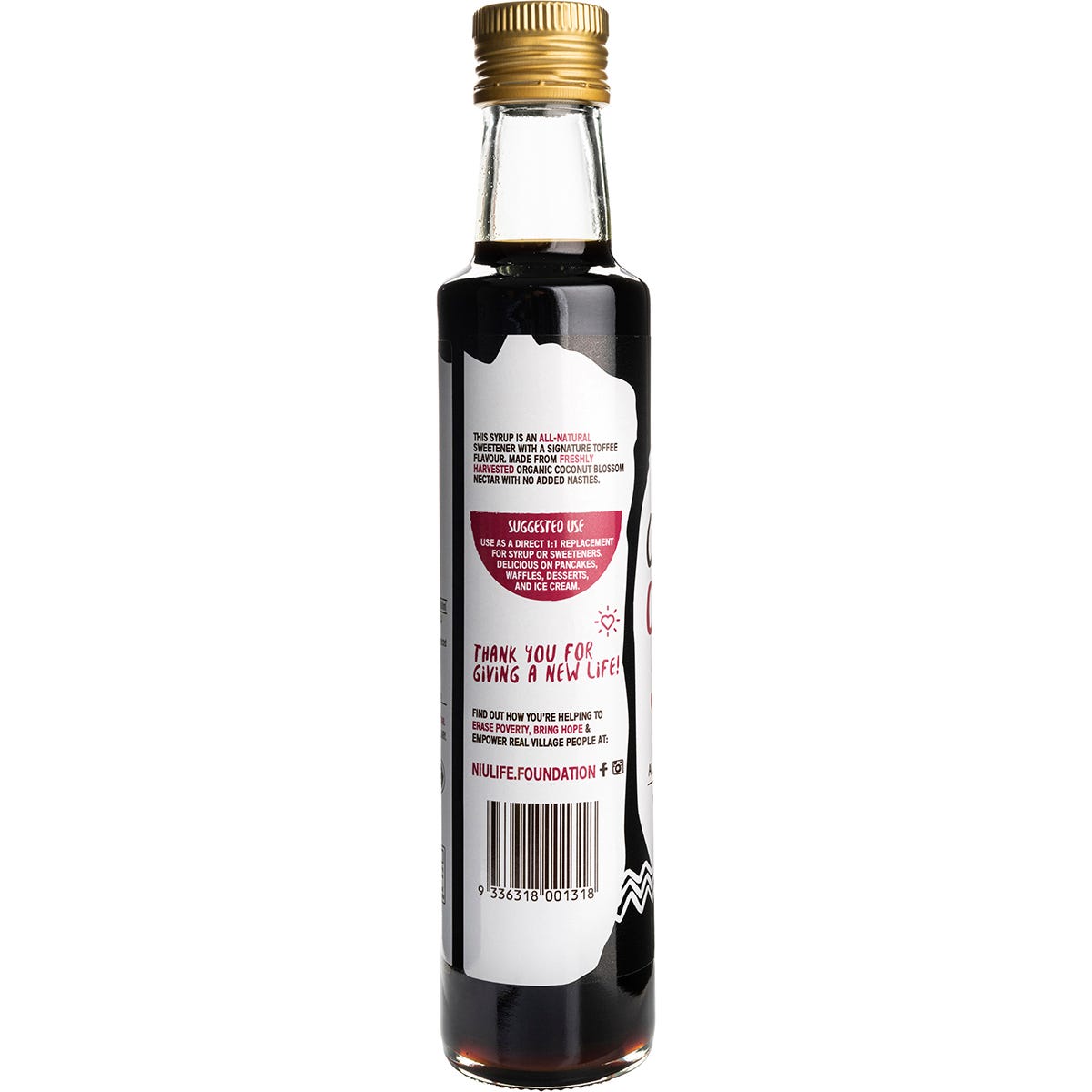 A single 250ml bottle of Niulife Organic Coconut Syrup with a toffee-inspired flavor on a white background.