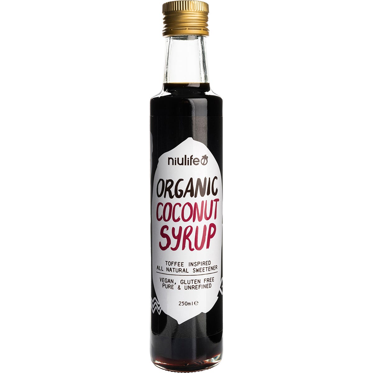 Pack of six 250ml bottles of Niulife Organic Coconut Syrup with a toffee-inspired flavour for pancakes and desserts.