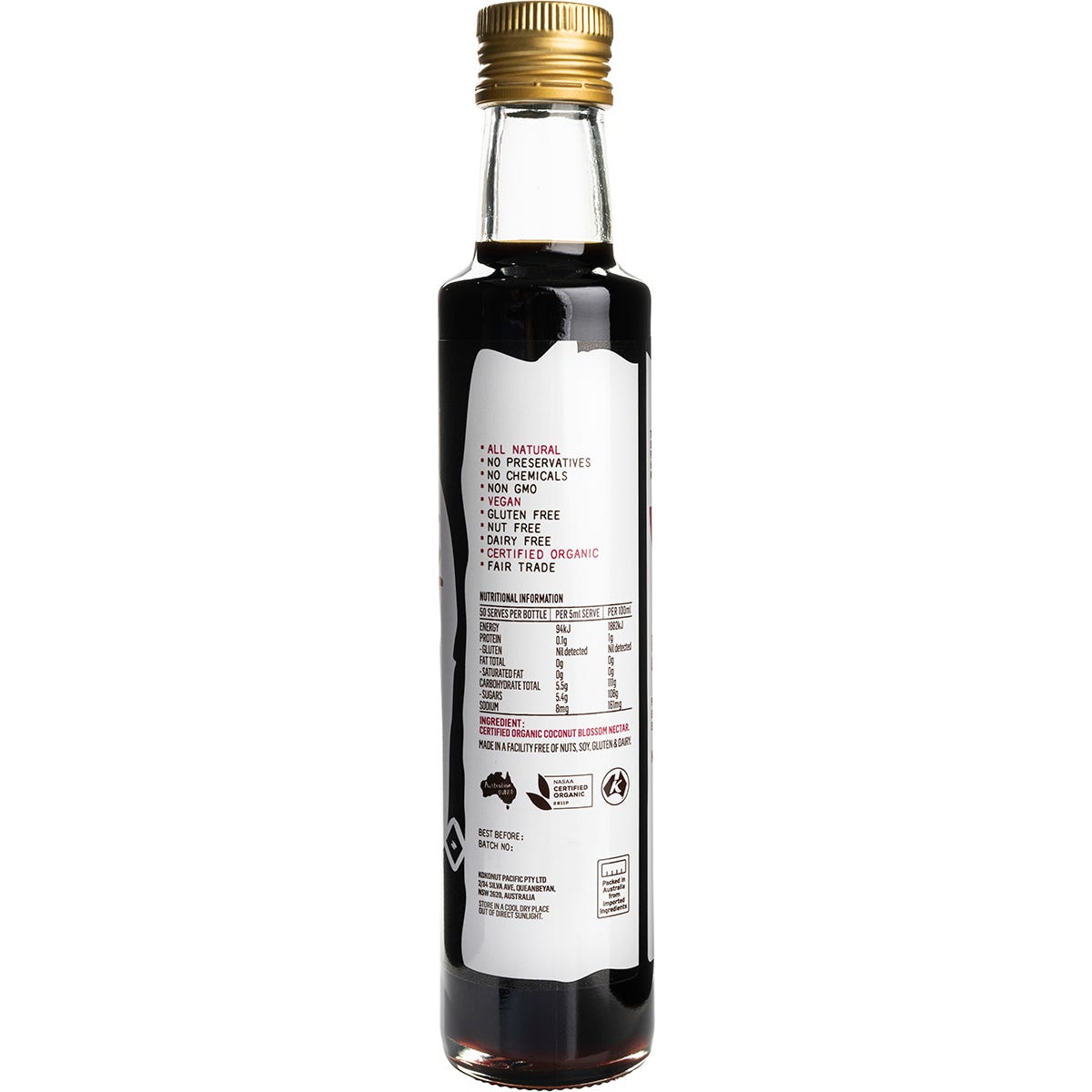 Back of Niulife Organic Coconut Syrup 250ml bottle with nutrition facts, ingredients, and product information.