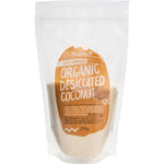 250g bag of Niulife Organic Desiccated Coconut with a clear window showing finely shredded coconut.