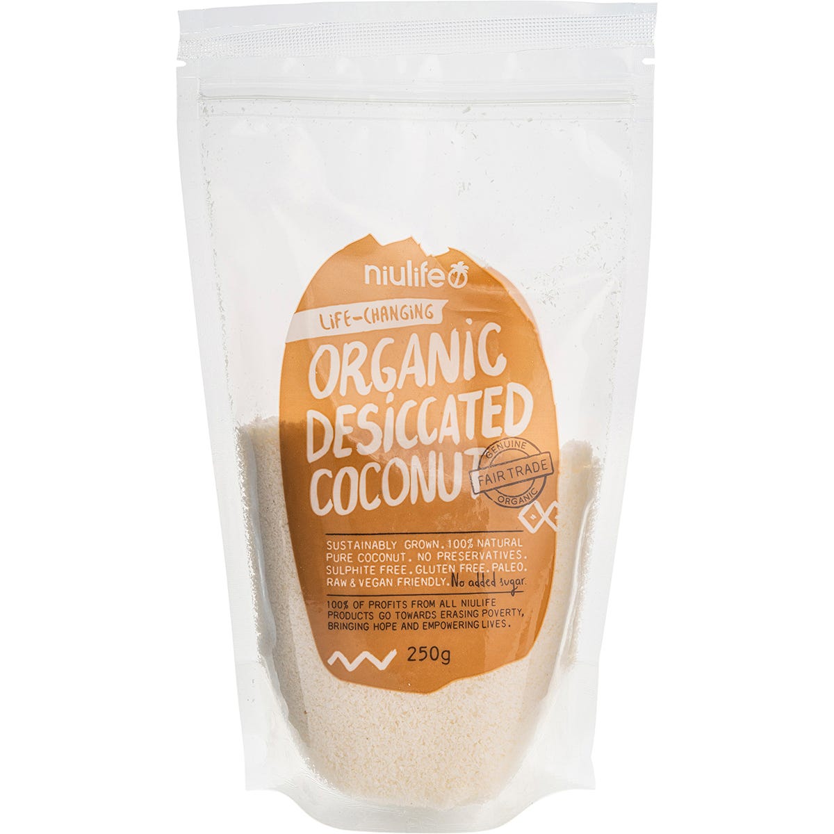 250g bag of Niulife Organic Desiccated Coconut with a clear window showing finely shredded coconut.