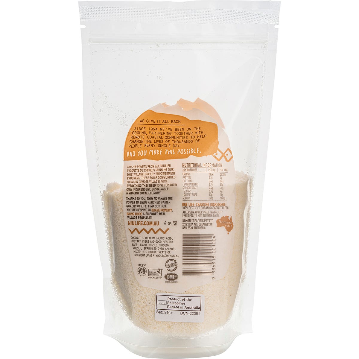 250g bag of Niulife Organic Desiccated Coconut on a white background with a clear window showing finely shredded coconut.