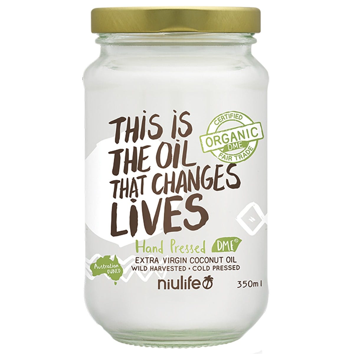 Pack of six 350ml glass jars of Niulife Extra Virgin Coconut Oil with blue and white labels.