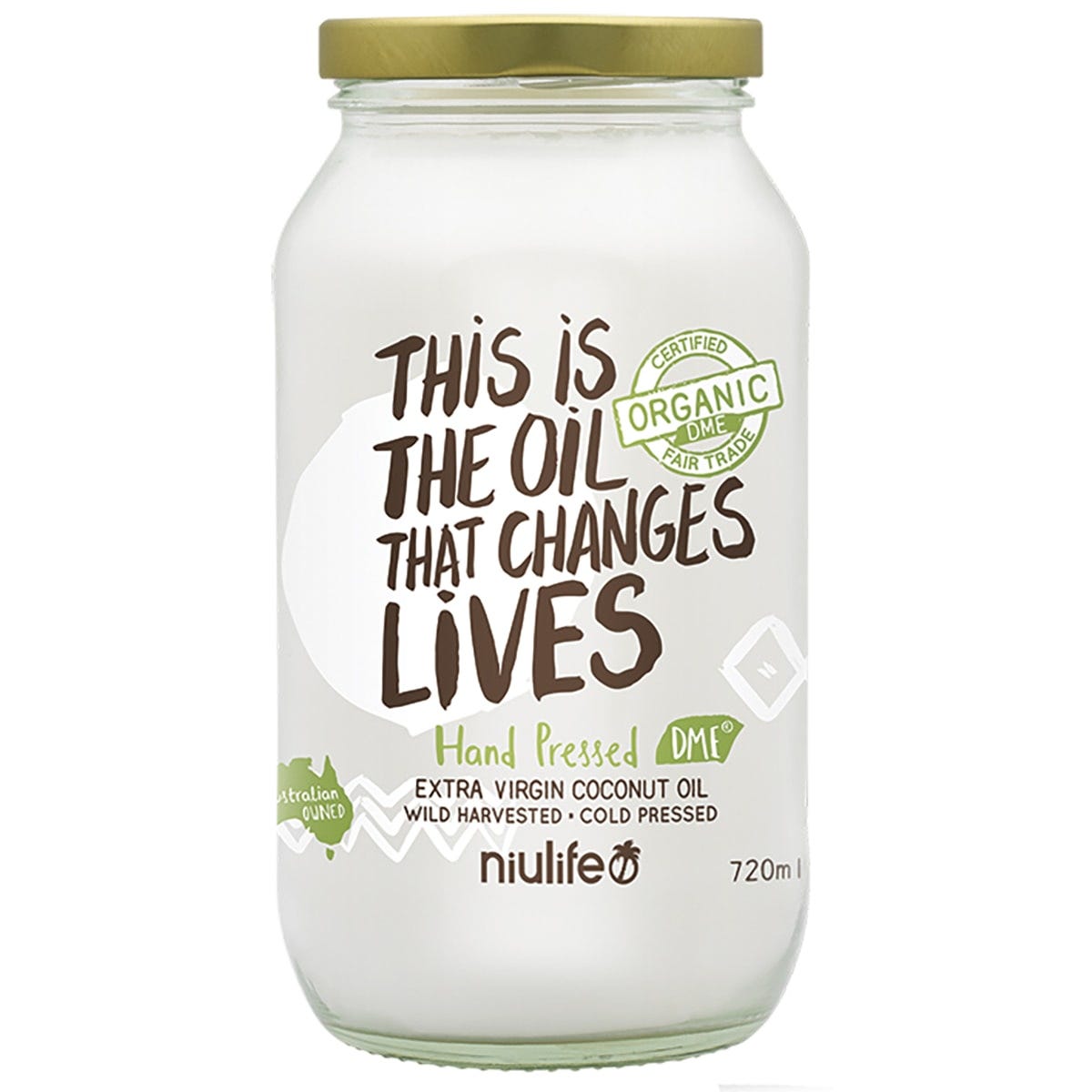 Pack of six 720ml glass jars of Niulife Certified Organic Extra Virgin Coconut Oil on a white background.