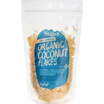 200g pouch of Niulife Organic Flaked Coconut with a clear window showing white coconut flakes on a white background.