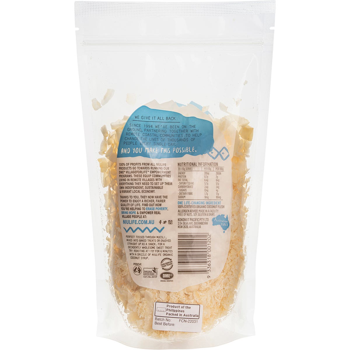 Back of a 200g pouch of Niulife Organic Flaked Coconut showing nutritional facts and product details.