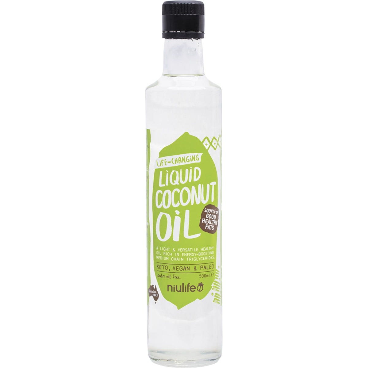 Pack of six 500ml glass bottles of Niulife Liquid Coconut Oil featuring a yellow label and white cap.