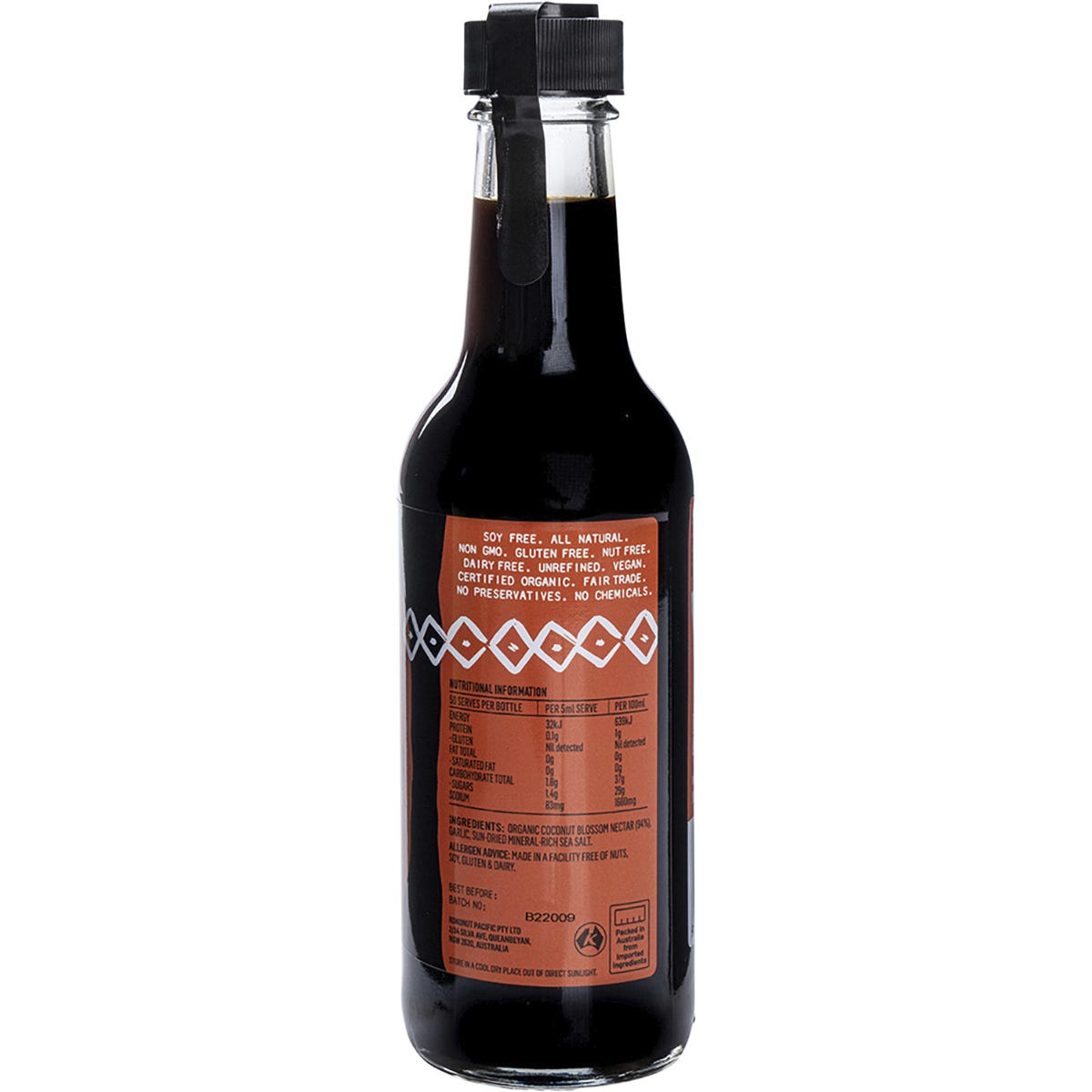 Six 250ml bottles of Niulife Organic Coconut Amino Barbeque Sauce with labels featuring a grill and flames.