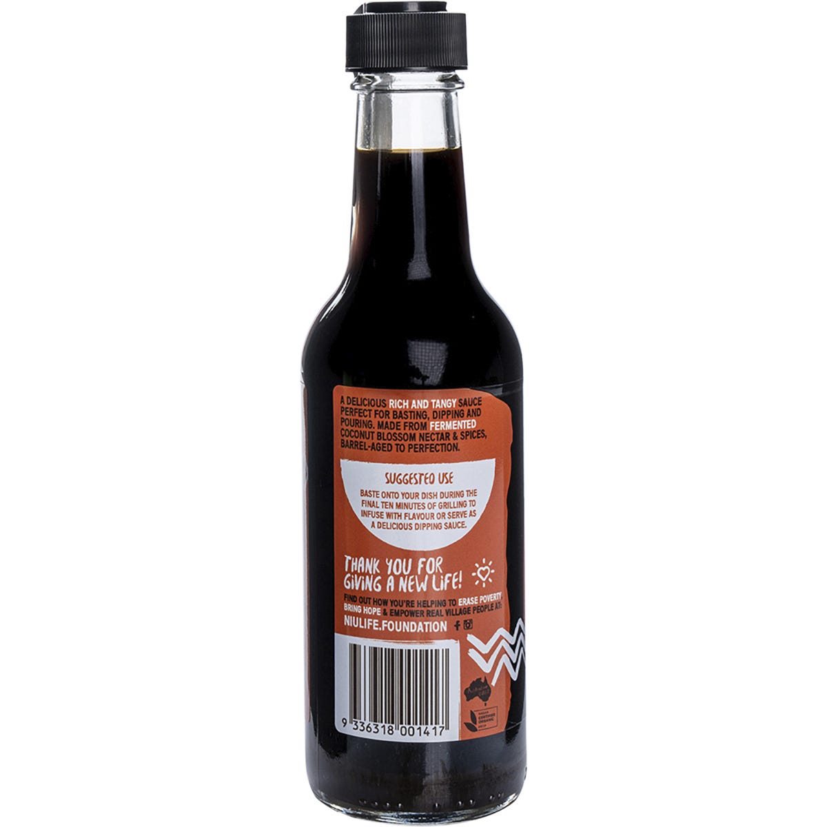 Six 250ml bottles of Niulife Organic Coconut Amino Barbeque Sauce on a plain white background.