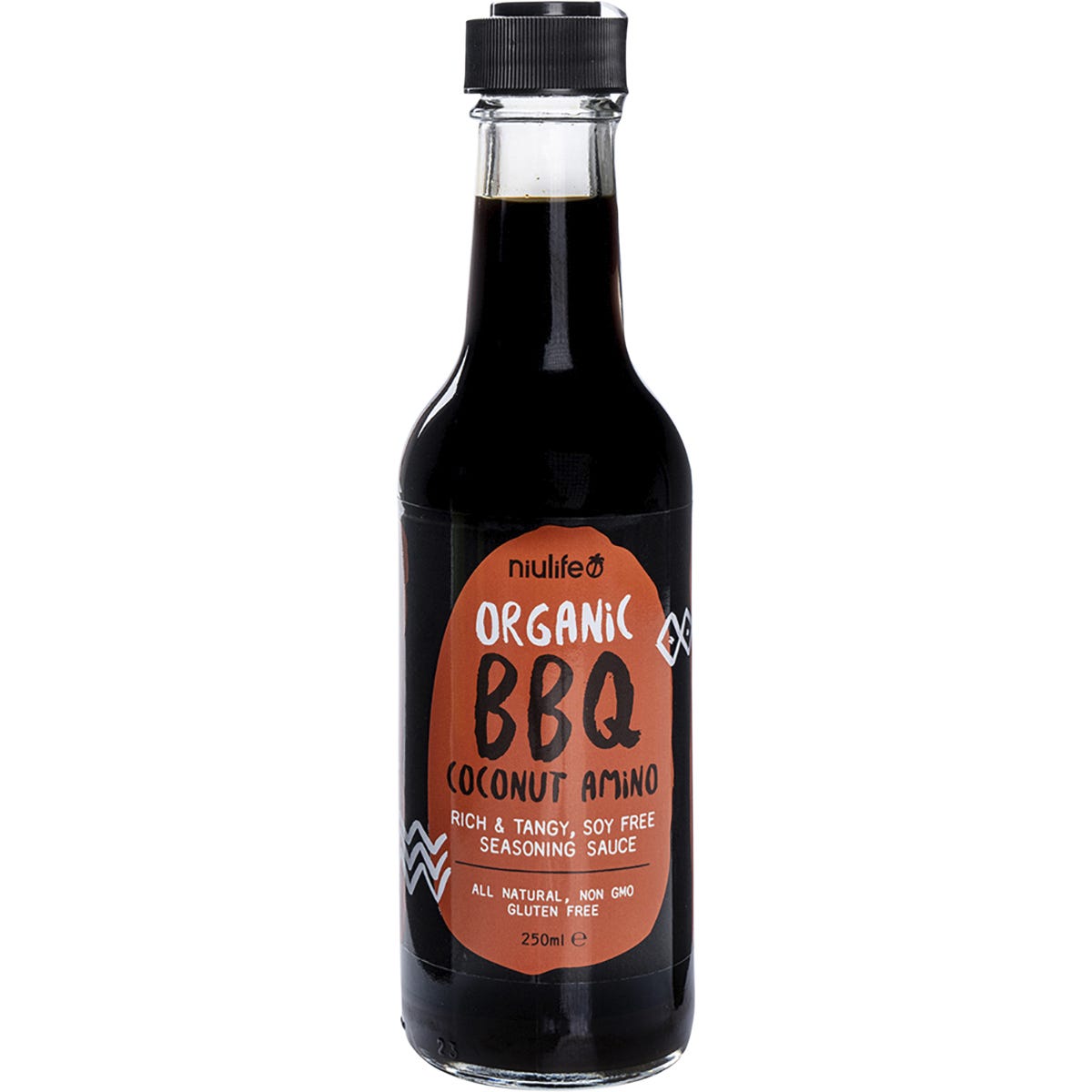 Six 250ml bottles of Niulife Organic Coconut Amino Barbeque Sauce with a rich, tangy label design.
