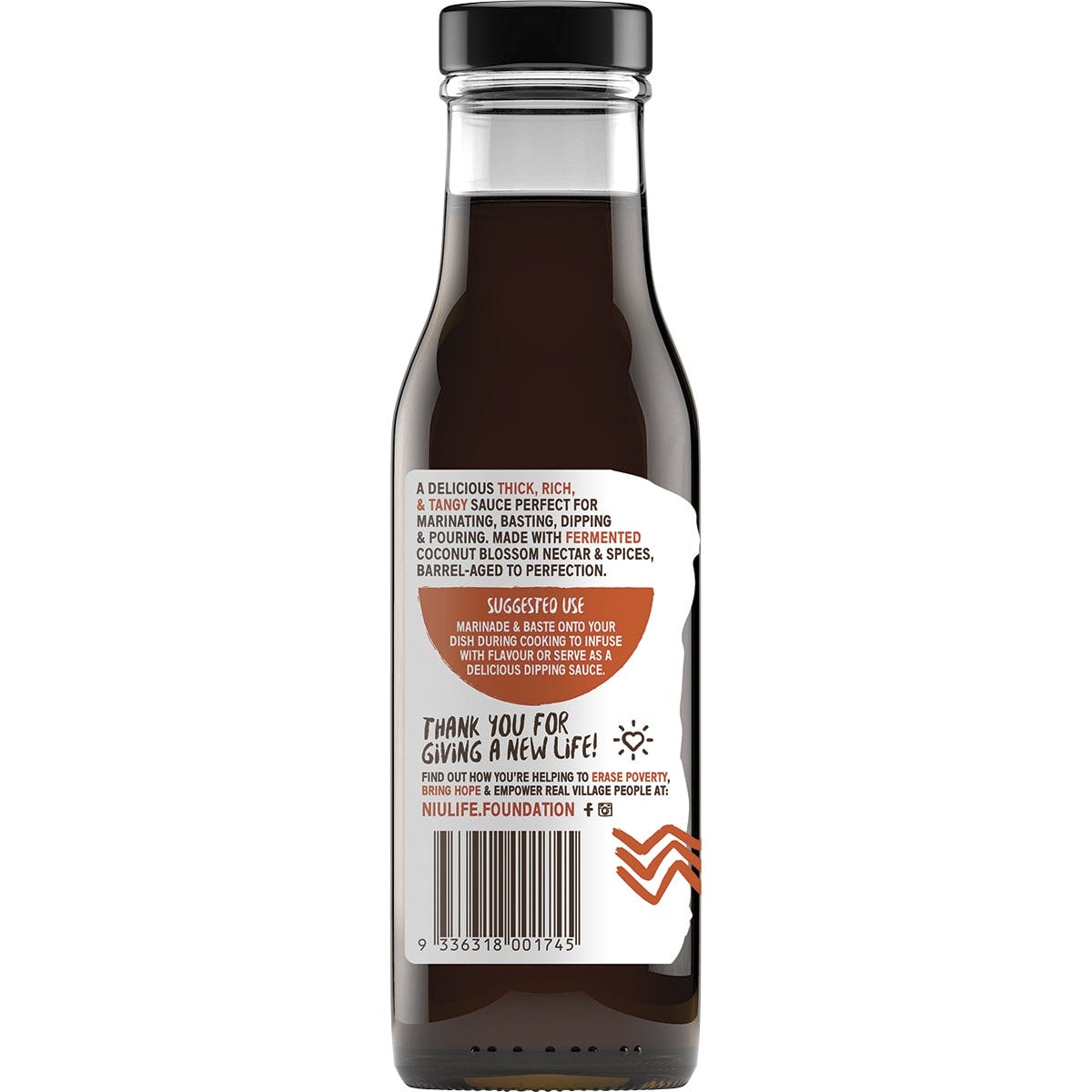 Single 250ml bottle of Niulife Organic Extra Thick BBQ Coconut Amino Sauce on a white background.
