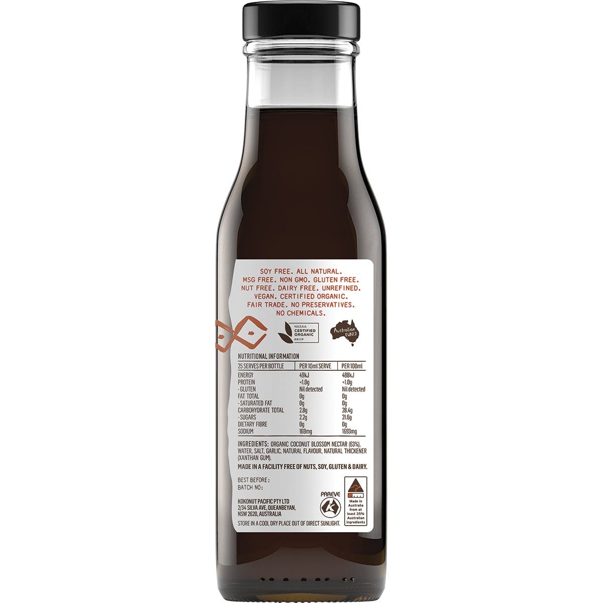Back of Niulife Extra Thick BBQ Sauce 250ml bottle showing nutrition facts, ingredients, and usage directions.