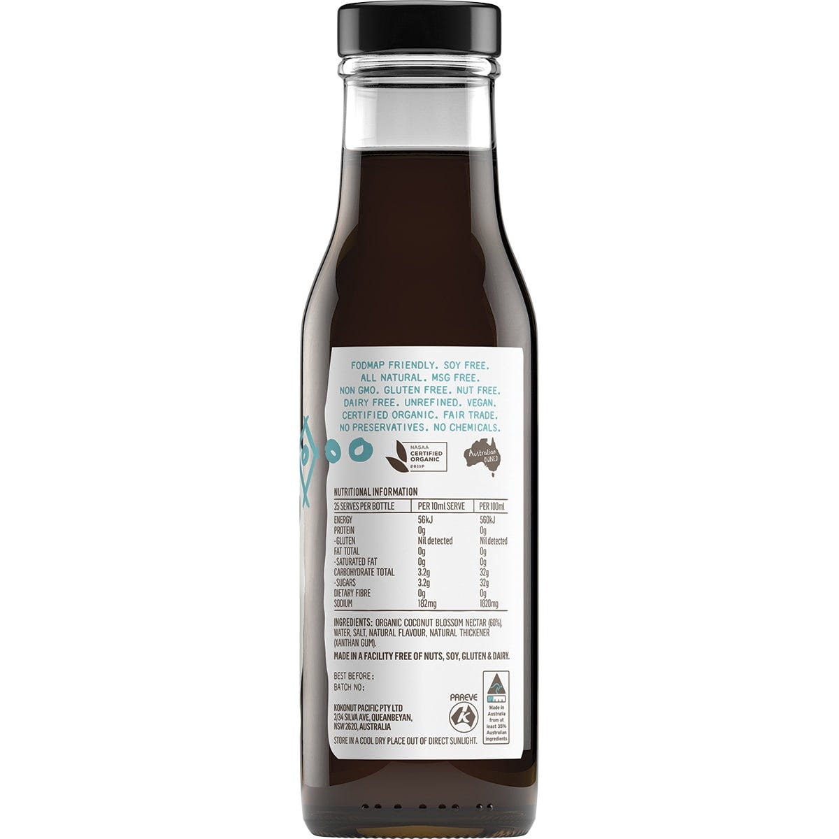 Back of a Niulife Extra Thick Naked Coconut Amino Sauce bottle with nutrition facts, ingredients, and storage information.