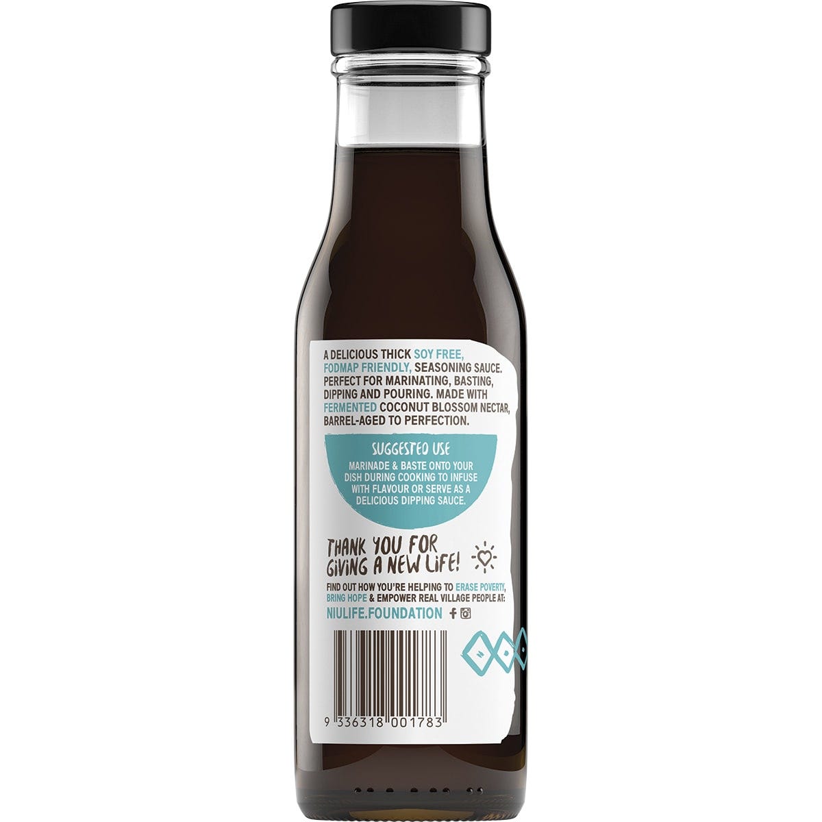 Bottle of Niulife Organic Extra Thick Naked Coconut Amino Sauce with a gold label on a white background.