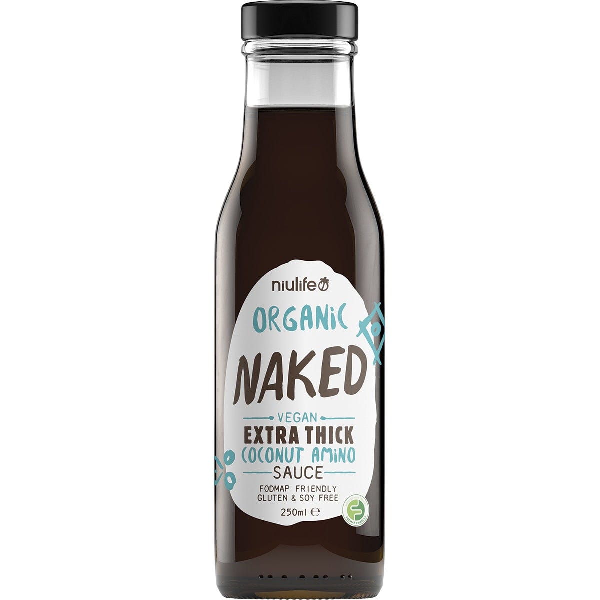 Bottle of Niulife Organic Coconut Amino Sauce Extra Thick Naked 250ml with a gold label on a white background.