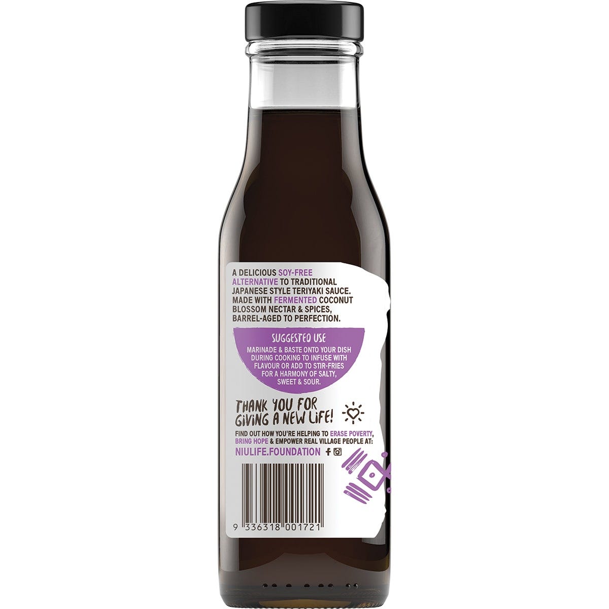 Niulife Extra Thick Teriyaki Sauce bottle with a dark label, featuring organic coconut blossom nectar and spices.