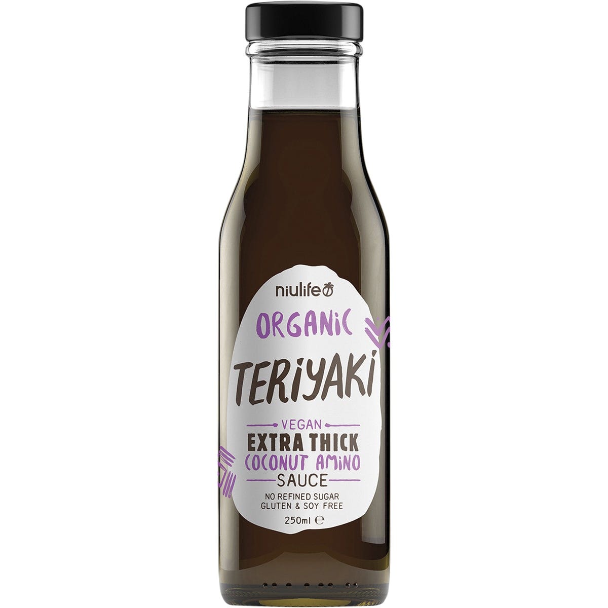 Pack of six 250ml bottles of Niulife Organic Extra Thick Teriyaki Coconut Amino Sauce with a dark label.
