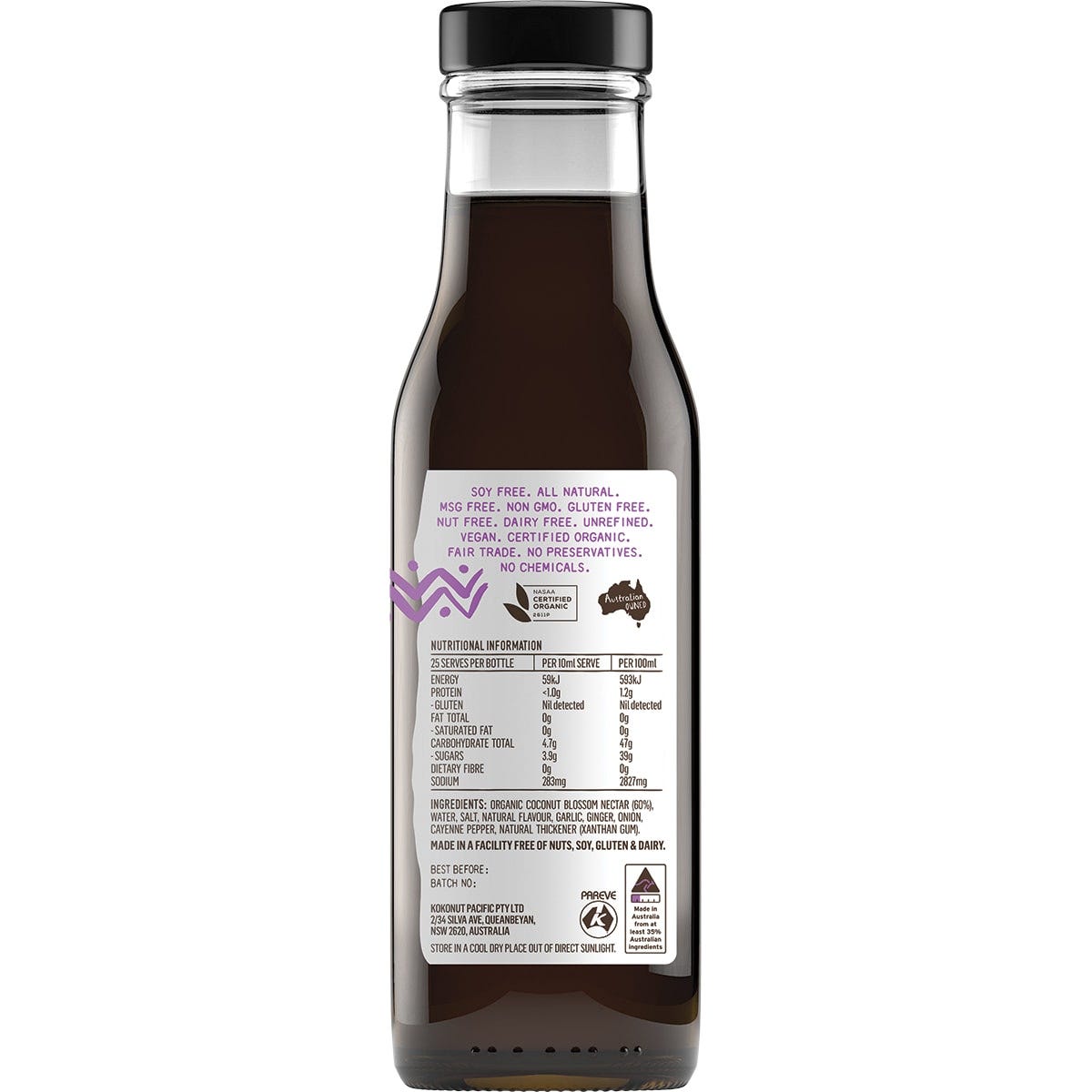 Side view of a Niulife Extra Thick Teriyaki Sauce bottle highlighting its soy-free and organic coconut-based ingredients.