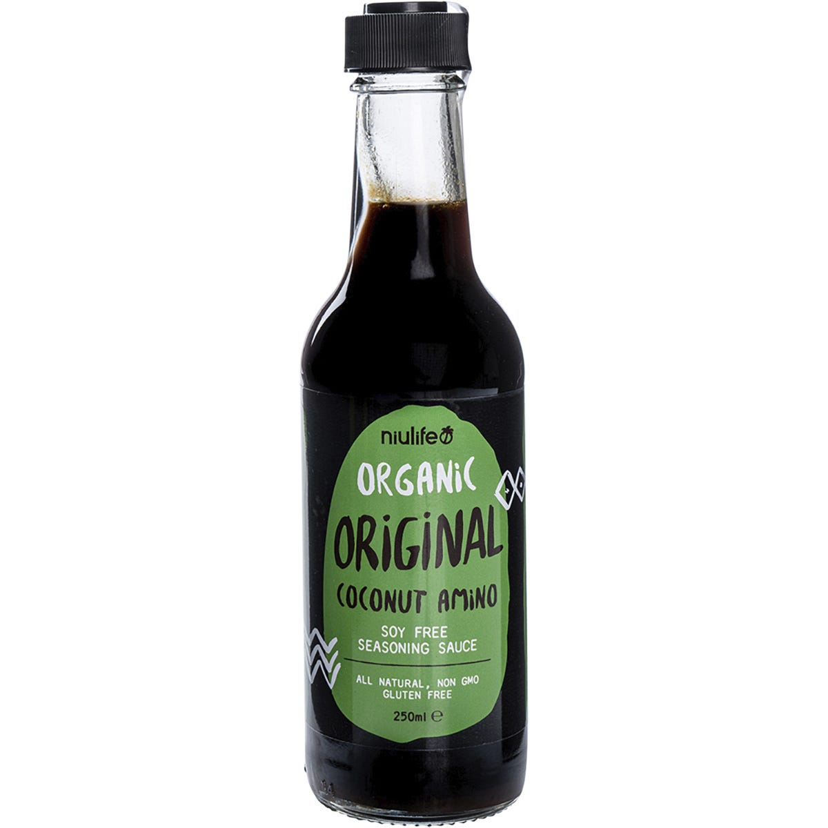 Six 250ml bottles of Niulife Organic Coconut Amino Sauce Original on a white background.