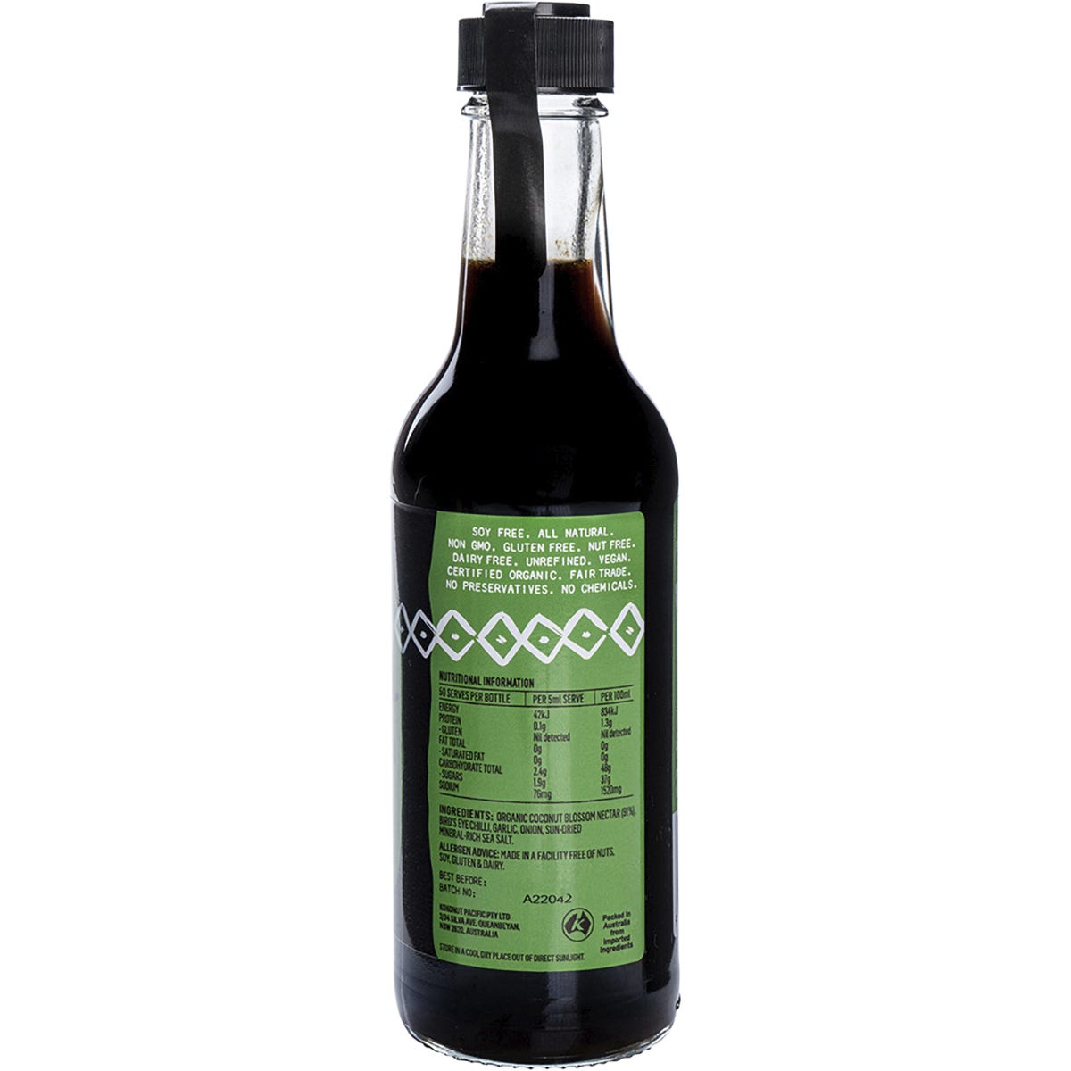 Single 250ml glass bottle of Niulife Organic Coconut Amino Sauce Original on a white background.