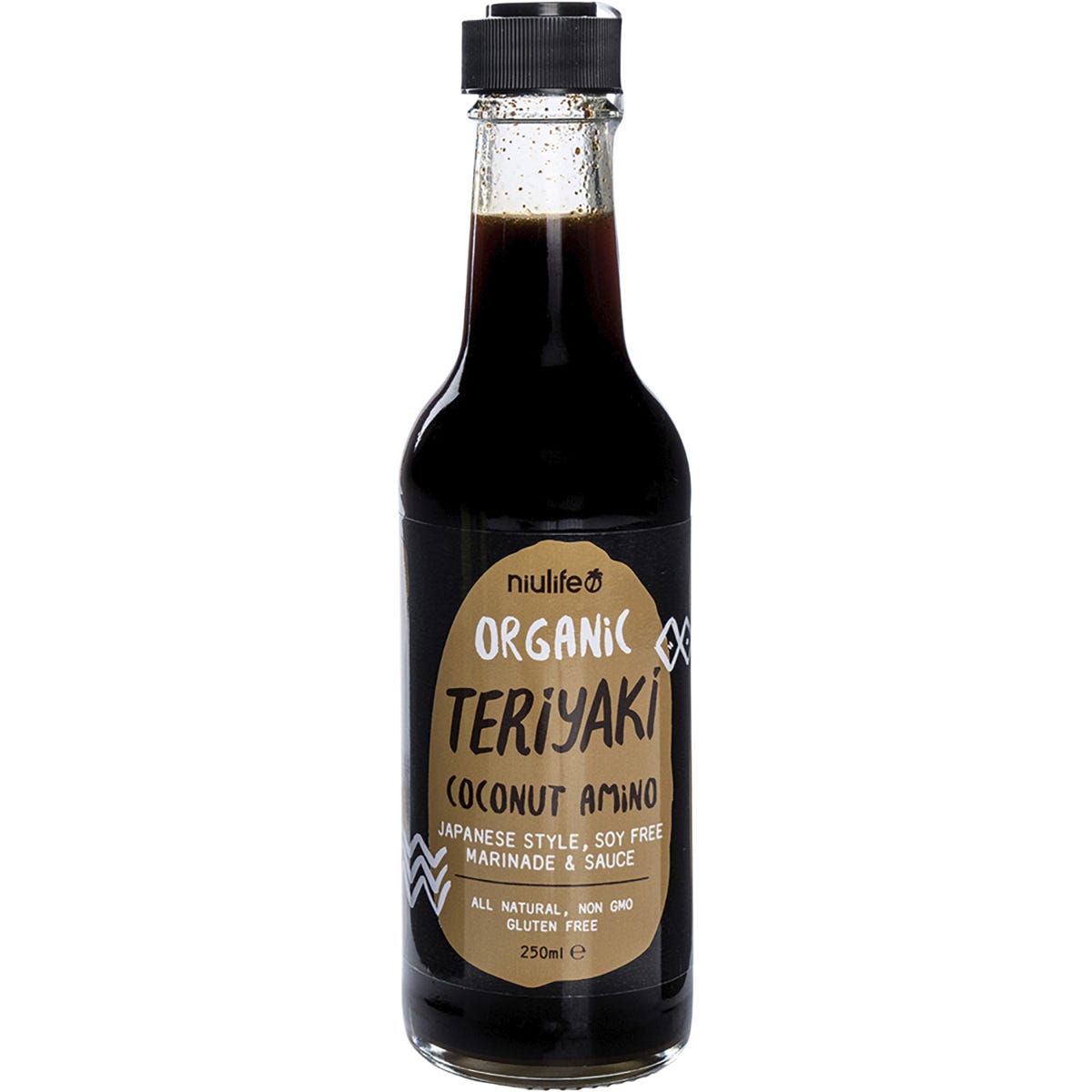 Pack of six 250ml bottles of Niulife Organic Coconut Amino Teriyaki Sauce with a black and orange label.