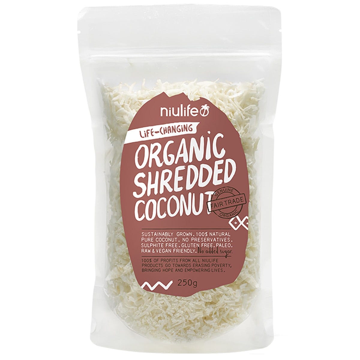 250g bag of Niulife Organic Shredded Coconut on a white background with a small bowl of shredded coconut to the side.