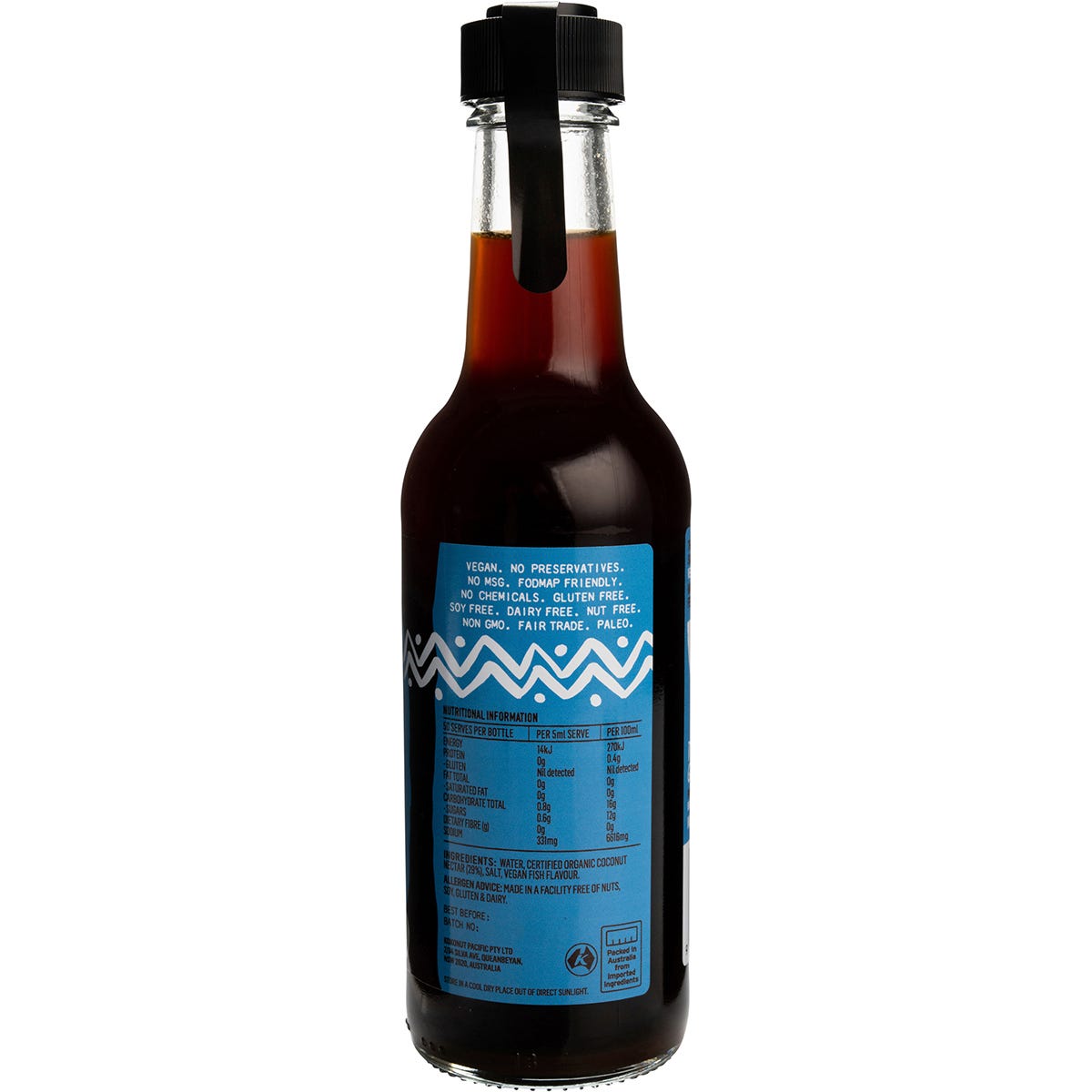 250ml bottle of Niulife Vegan Fysh Sauce made from fermented coconut nectar, featuring a blue and white label.