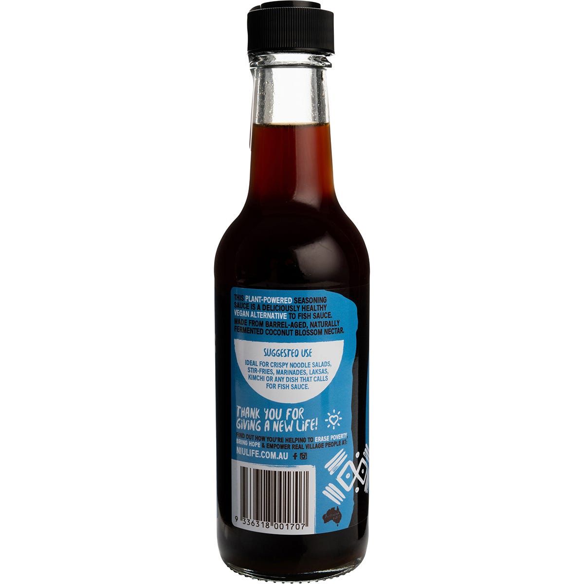 Back of Niulife Vegan Fysh Sauce 250ml bottle showing nutrition facts, ingredients, and allergen information.