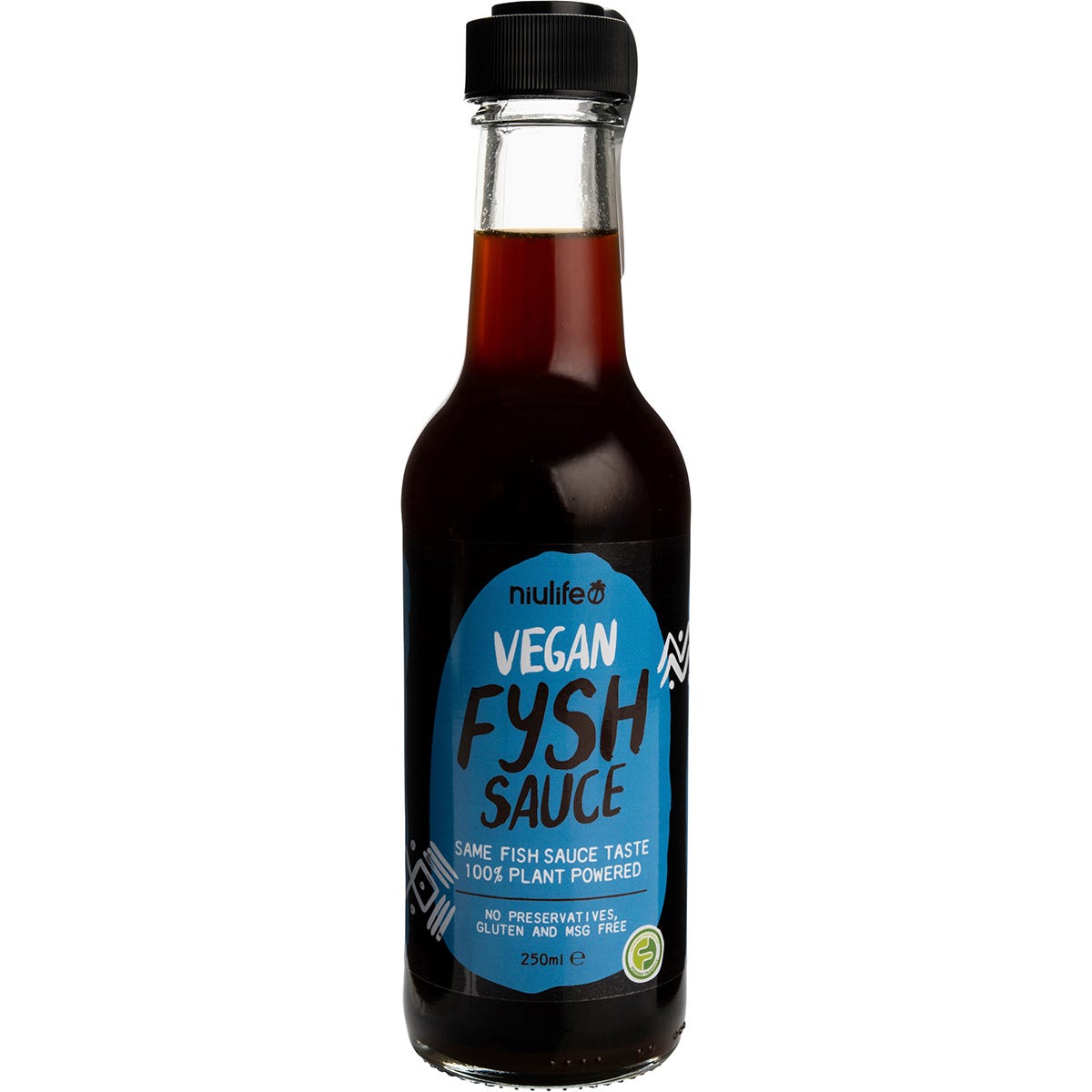 Six 250ml bottles of Niulife Vegan Fysh Sauce, a plant-based seasoning made from fermented coconut blossom nectar.