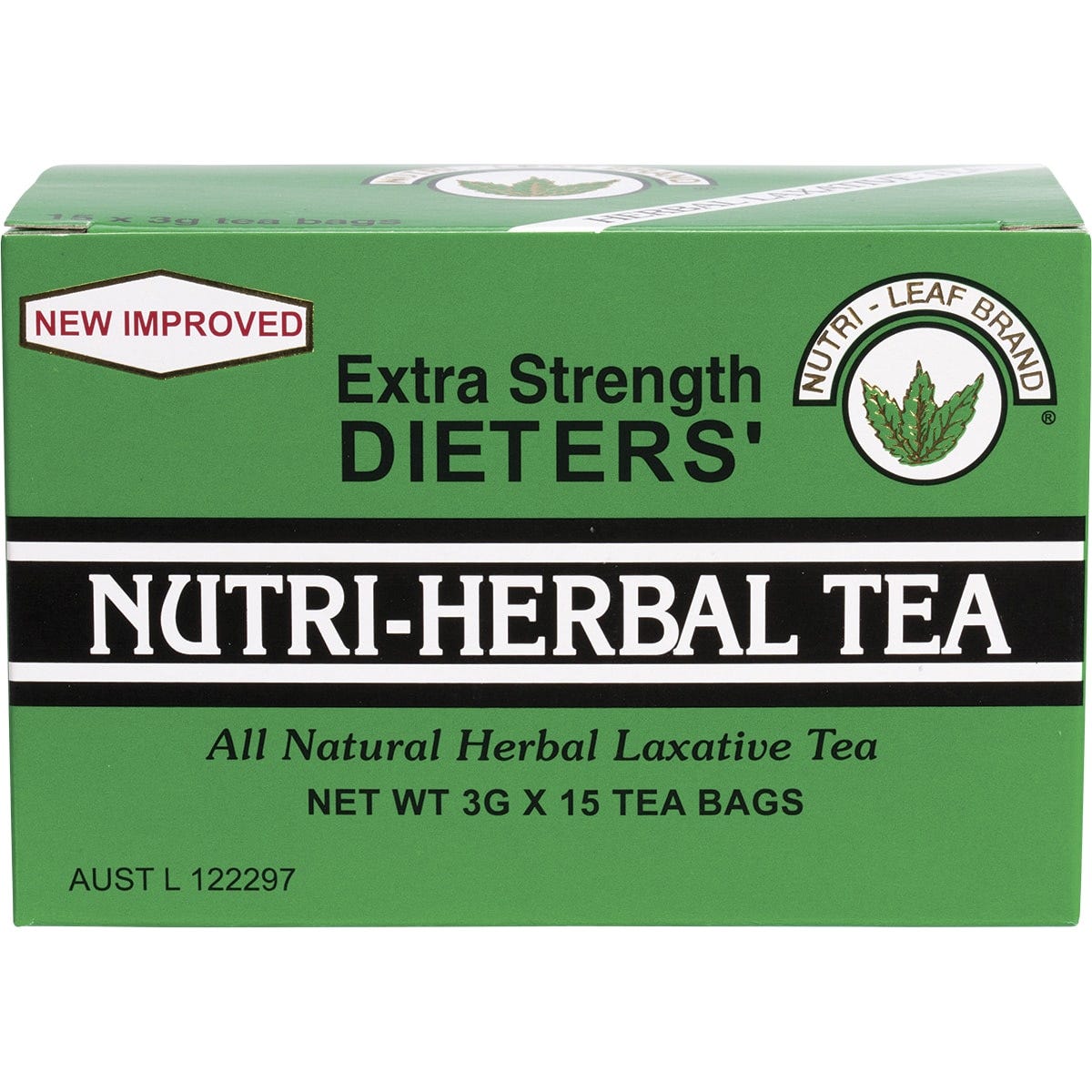 Nutri-Leaf Dieter's Tea Extra Strength 15-pack box showing green leaves and a brewed cup of tea.