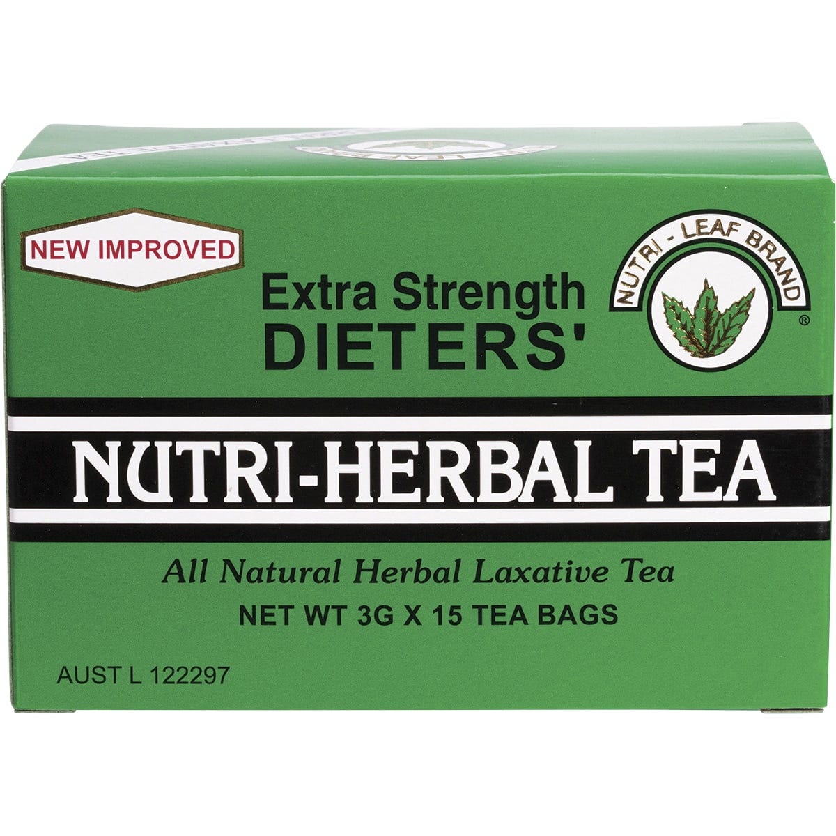 Nutri-Leaf Herbal Tea Bags Dieter's Tea Extra Strength 15 Pack box with green leaves and a cup of tea.