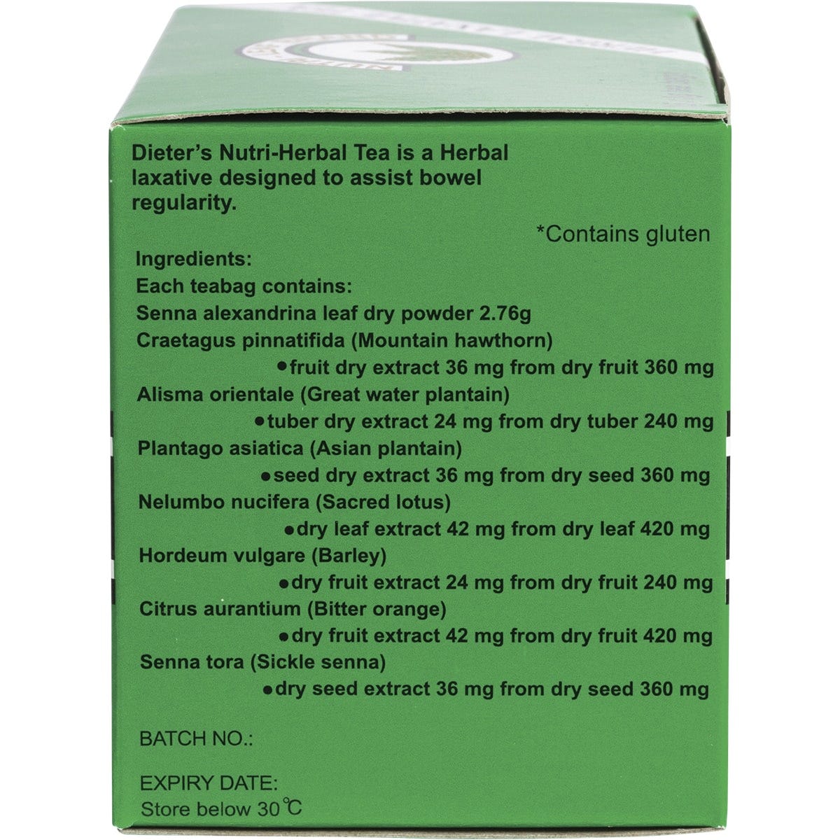 Back of Nutri-Leaf Dieter's Tea Extra Strength box with nutrition facts, ingredients, and preparation instructions.