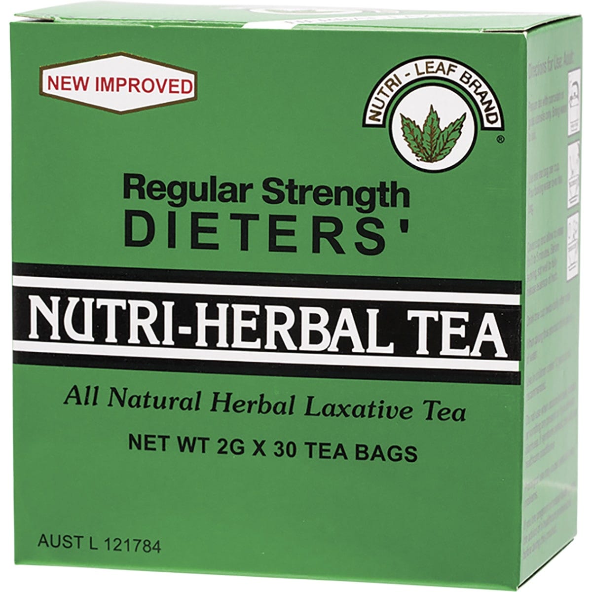 30 pack of Nutri-Leaf Dieter's Tea Regular herbal tea bags in a white box with green and gold accents.
