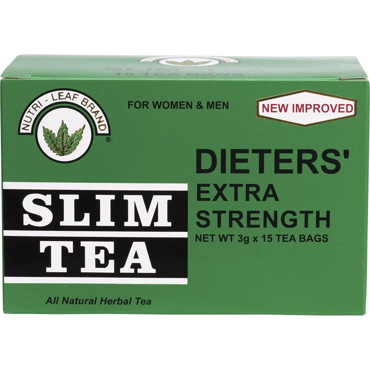 Nutri-Leaf Extra Strength Slim Tea box with yellow and green design, a teacup, and botanical details.