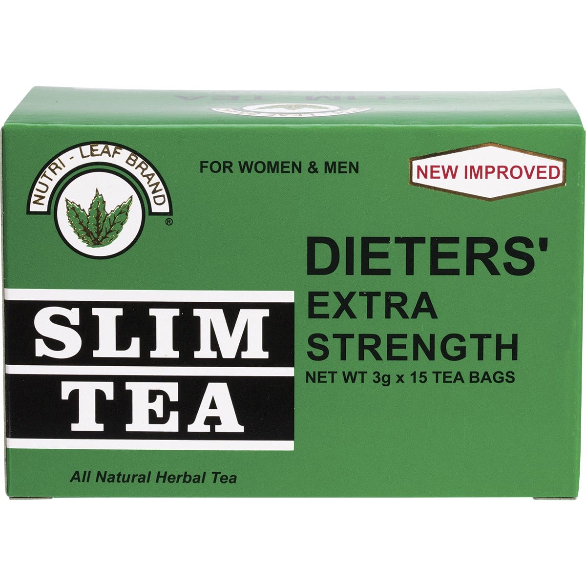 Nutri-Leaf Extra Strength Slim Tea 15-pack box featuring a yellow and green design with a teacup and botanical details.
