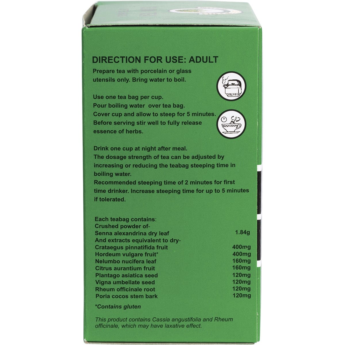 Side view of Nutri-Leaf Slim Tea Regular 30 pack box with brewing instructions and product benefits.