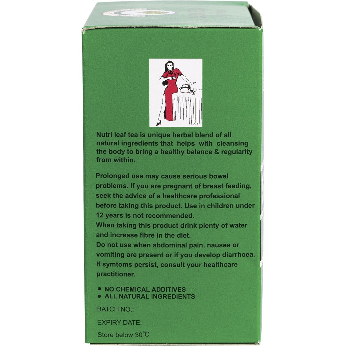Back of Nutri-Leaf Slim Tea Regular 30 pack box showing nutrition facts, ingredients list, and warnings.