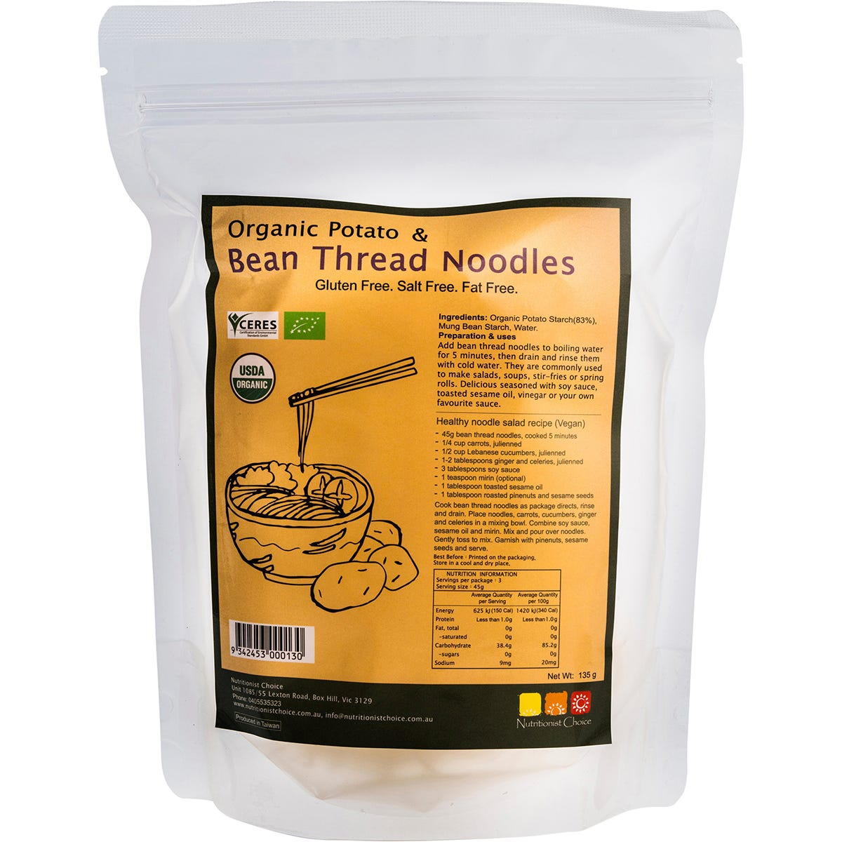 135g pack of Nutritionist Choice Bean Thread Noodles with Organic Potato on a white background.