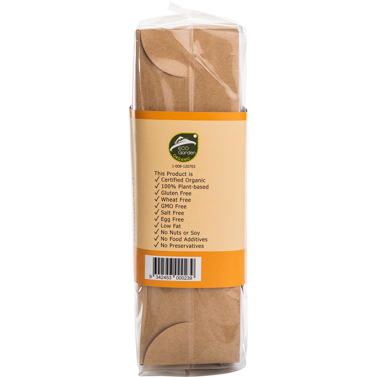 Side view of Nutritionist Choice Brown Rice & Buckwheat Spaghetti 180g box showing product features and organic logos.