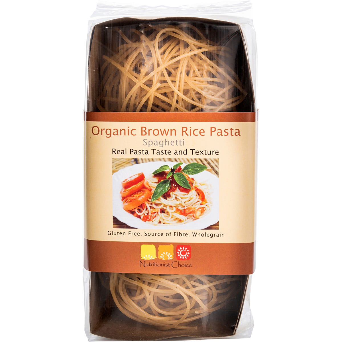 Nutritionist Choice 180g pack of organic brown rice pasta spaghetti on a white background.