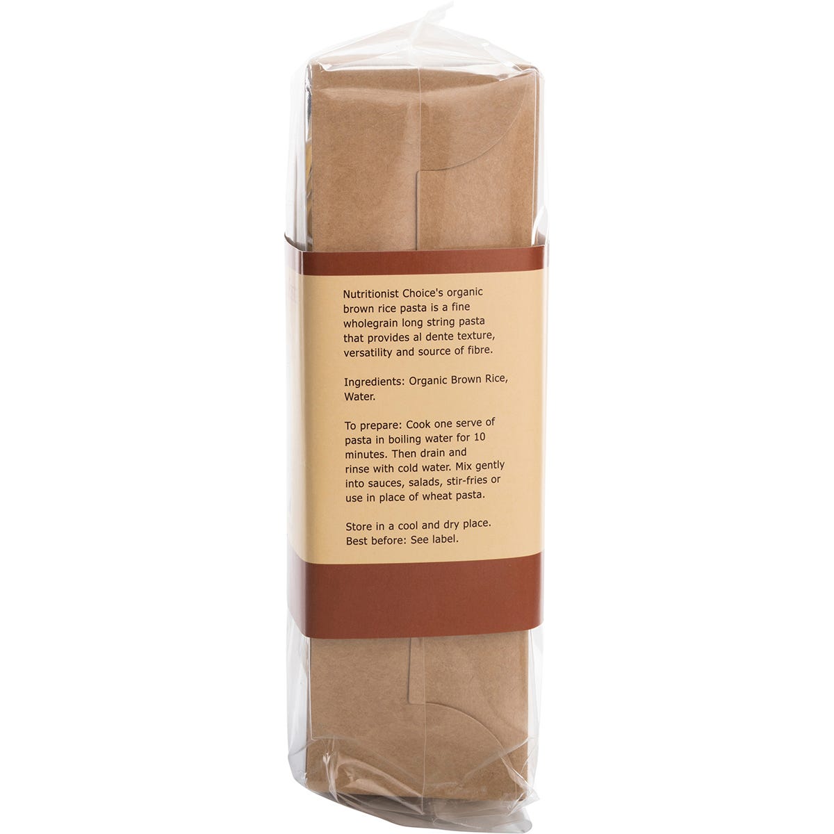 Back of Nutritionist Choice 180g brown rice spaghetti pack with nutrition facts and cooking instructions.