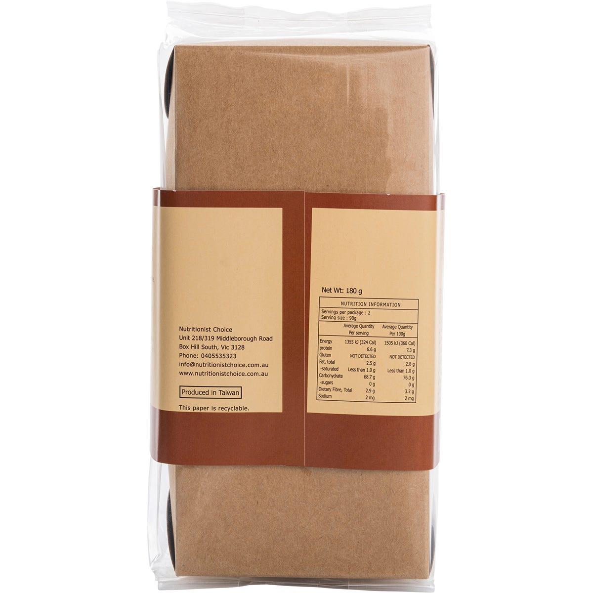 Nutritionist Choice 180g pack of organic brown rice spaghetti shown at an angle on a white background.