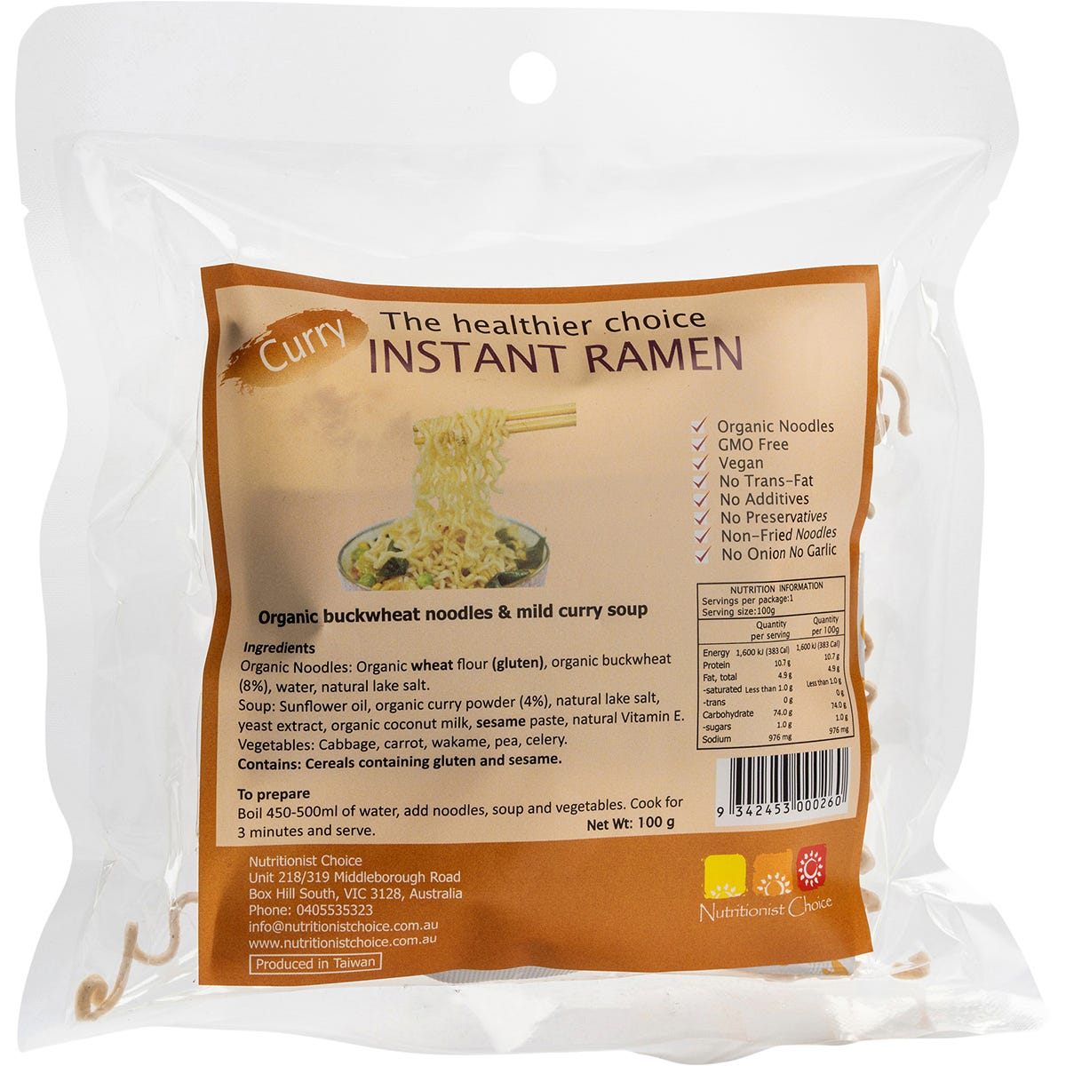 100g pack of Nutritionist Choice Instant Buckwheat Ramen in Mild Curry flavor, featuring organic noodles and vegetables.
