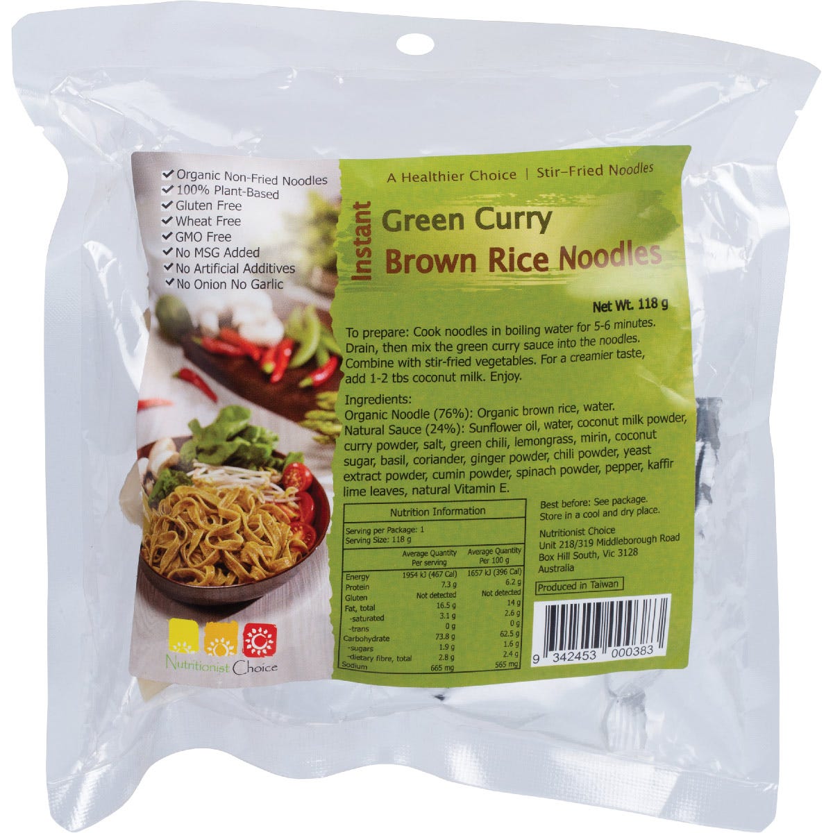 Nutritionist Choice 118g Instant Green Curry Brown Rice Noodle Kit box featuring organic, plant-based noodles.