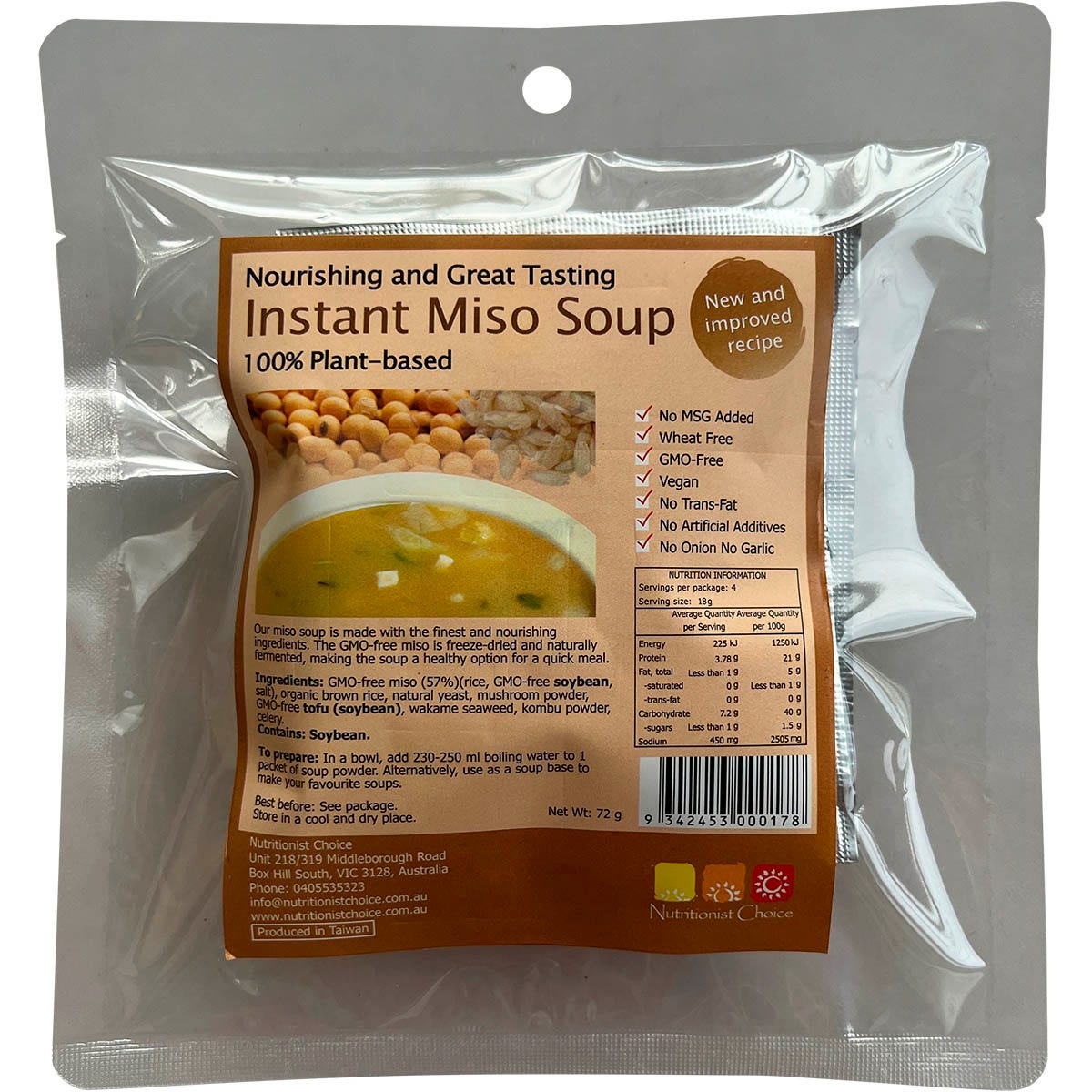 Nutritionist Choice Instant Miso Soup 4-pack box (18g sachets) featuring organic miso and plant-based ingredients.