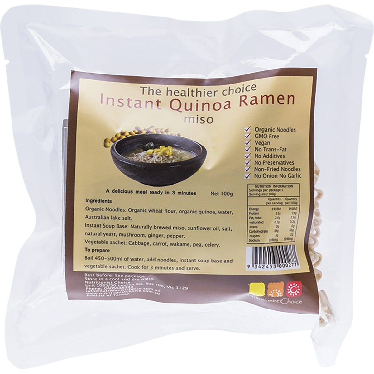 Nutritionist Choice 100g pack of Instant Quinoa Ramen Miso featuring organic noodles and a rich miso soup base.