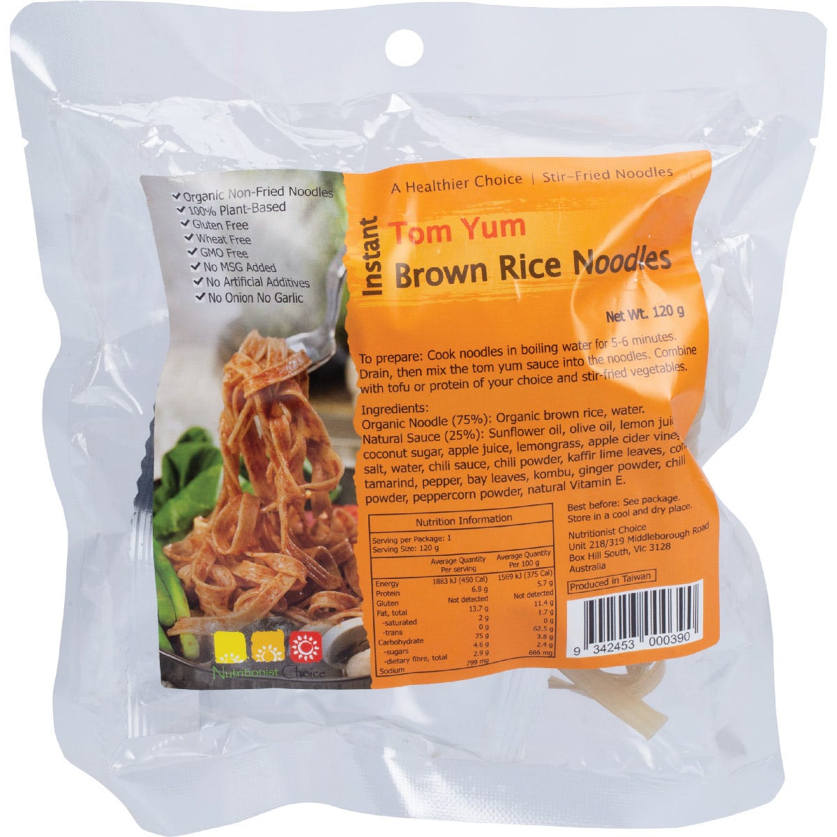 Nutritionist Choice Instant Tom Yum Brown Rice Noodle Kit 120g featuring non-fried organic noodles on a white background.
