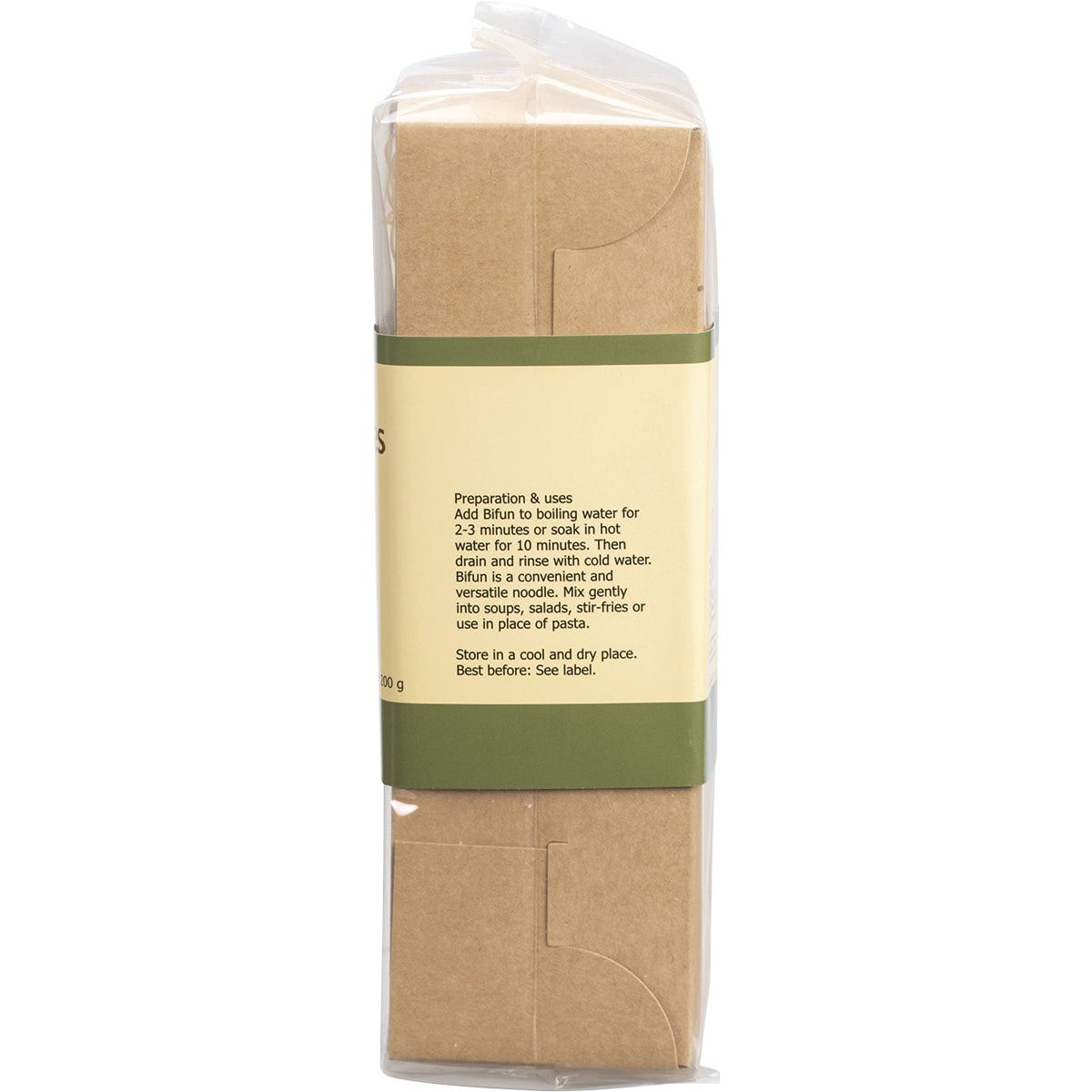 Back of Nutritionist Choice Bifun Brown Rice Noodles 200g pack with nutrition facts, ingredients, and cooking instructions.
