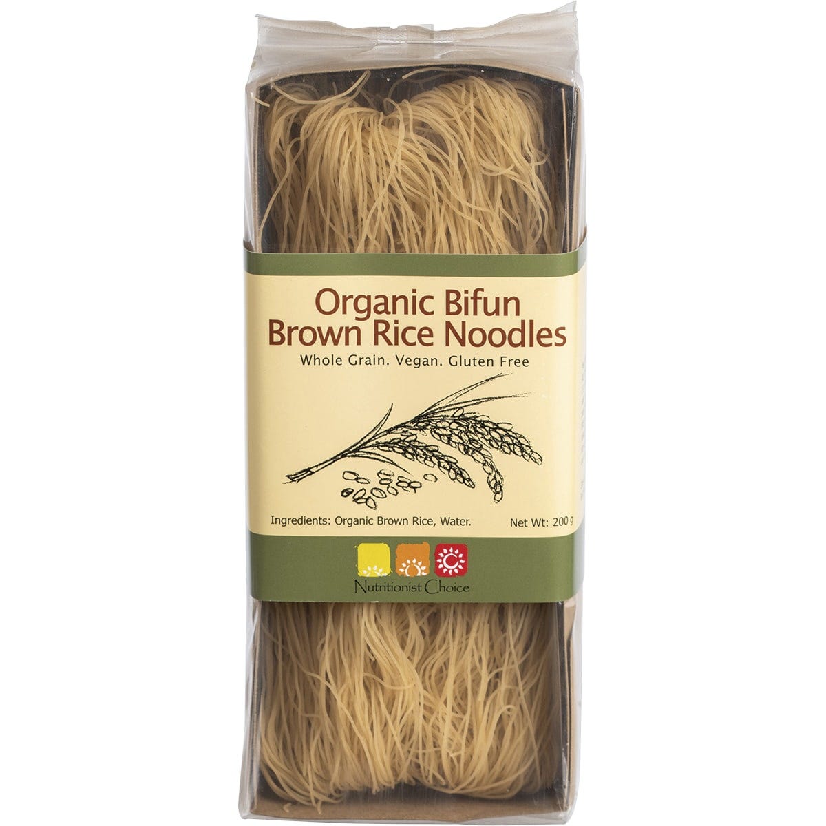 200g pack of Nutritionist Choice Bifun Brown Rice Noodles, a gluten-free and organic whole grain pantry staple.