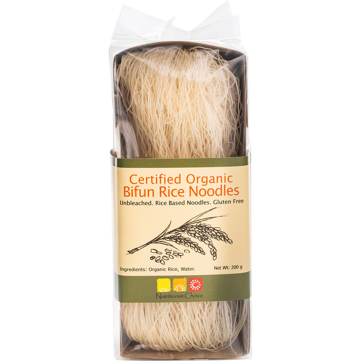 200g pack of Nutritionist Choice unbleached Bifun rice noodles with white and orange label on a white background.